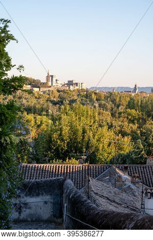 Old Buildings And Narrow Streets In Medieval Town Villeneuve Les Avignon In Summer, Tourism In Franc