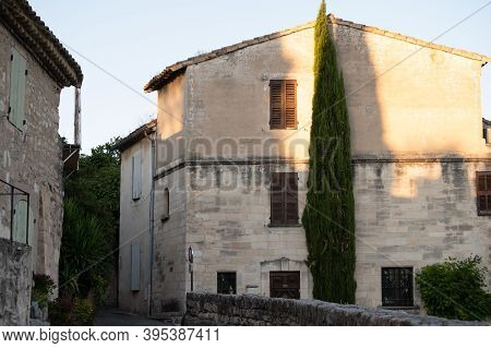Old Buildings And Narrow Streets In Medieval Town Villeneuve Les Avignon In Summer, Tourism In Franc