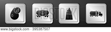 Set Bio Fuel, Oil Railway Cistern, Oil Rig With Fire And Tanker Truck Icon. Silver Square Button. Ve