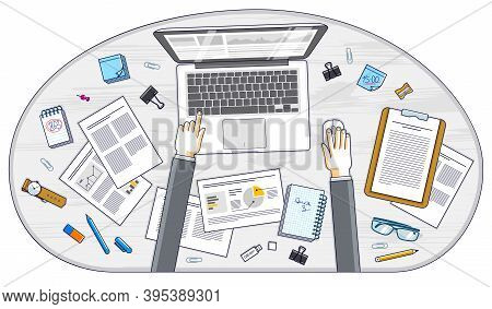 Business Analysis, Office Worker Or Entrepreneur Businessman Working On A Pc Notebook And Papers Wit