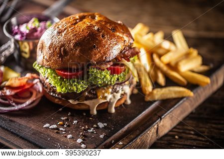 Classic Beef Burger With Cheese Cheddar Bacon Wegetable And French Fries