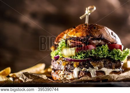 Classic Beef Burger With Cheese Cheddar Bacon Wegetable And French Fries