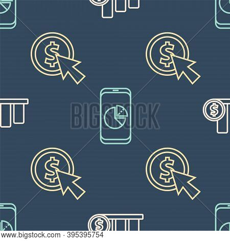 Set Line Pie Chart Infographic And Dollar, Cursor And Coin And Mobile Phone With Graph Chart On Seam