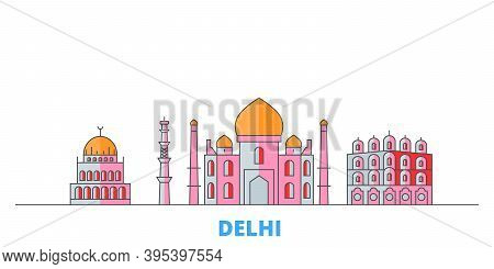 India, Delhi City Line Cityscape, Flat Vector. Travel City Landmark, Oultine Illustration, Line Worl