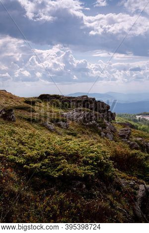 Green Valley Nature Landscape. Mountain Layers Landscape.dramatic Sky In Mountain Landscape. Meadows