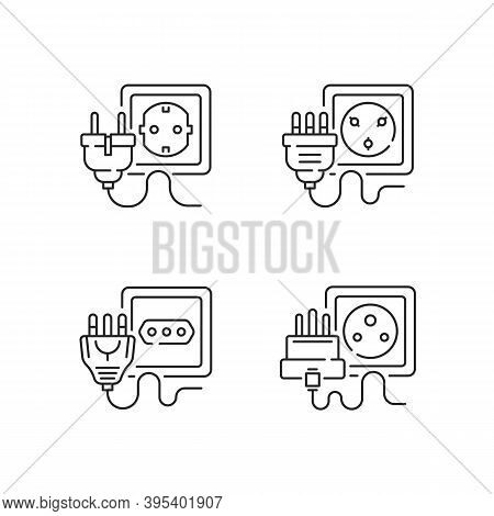 Different Sockets Linear Icons Set. Electrical Plugs For Cables. European Power Outlet. Energy Suppl