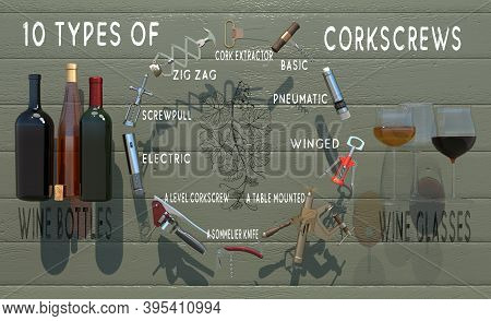 Ten Types Of Corkscrews & Wine Bottle Openers. 3d Rendering