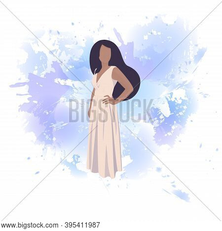 Very Beautiful, Elegant Woman In A Long White Dress On A Blue Background. Vector. Flat Cartoon Style