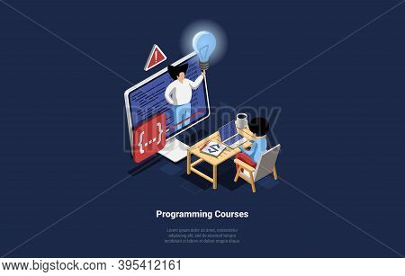 Internet Programming Courses Vector Illustration In Cartoon 3d Style On Dark Background. Isometric C