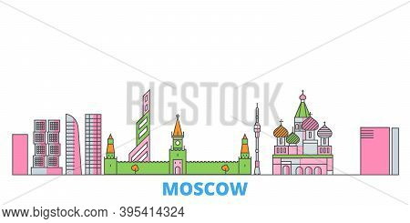 Russia, Moscow City Line Cityscape, Flat Vector. Travel City Landmark, Oultine Illustration, Line Wo