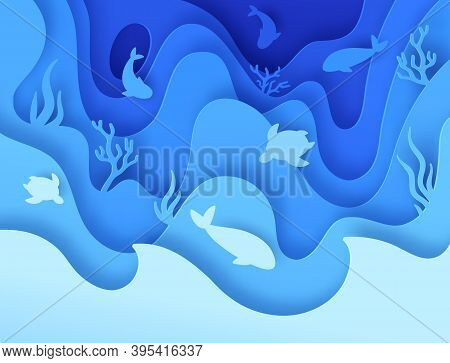 Sea Life Paper Cut. Undersea World With Reefs, Corals, Fish And Animal Silhouette. Ocean Deep Wildli