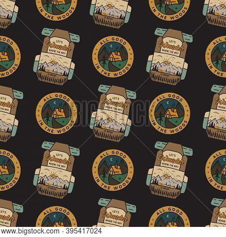 Camping Adventure Badges Pattern. Camping Adventure Seamless Background With Backapcks, Mountains, C