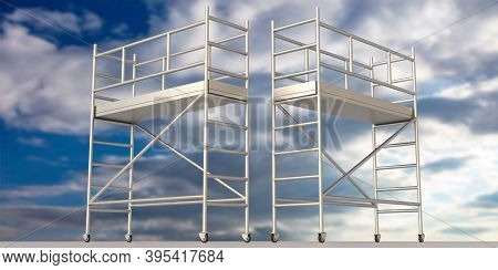 Scaffolding Towers On Blue Cloudy Sky Background. 3D Illustration