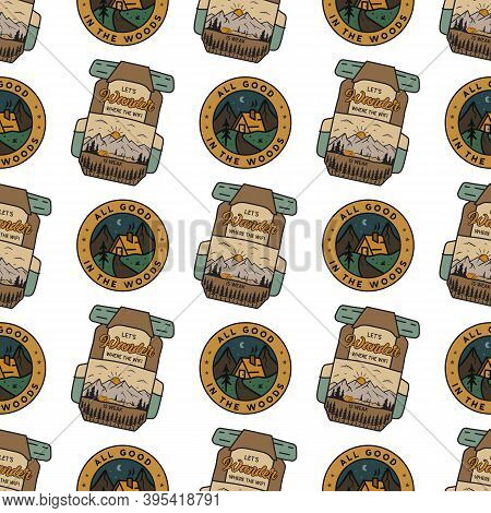 Camping Badges Pattern. Adventure Seamless Background. Stock Vector Texture