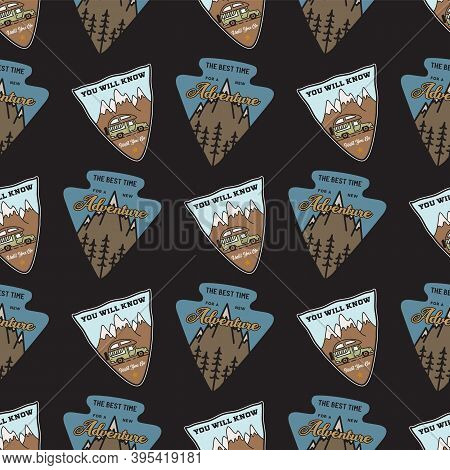 Mountain Life Badges Pattern. Camping Adventure Seamless Background With Mountains, Rv Trailer And T