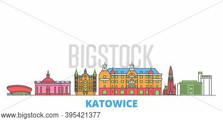 Poland, Katowice Line Cityscape, Flat Vector. Travel City Landmark, Oultine Illustration, Line World