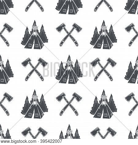 Camping Pattern With Backpack, Trees And Pine Cone Symbols. Adventure Seamless Wallpaper. Stock Vect