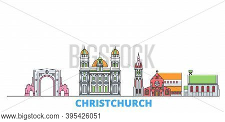 New Zealand, Christchurch Line Cityscape, Flat Vector. Travel City Landmark, Oultine Illustration, L