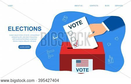Voting Concept In Flat Style. Voting Election. Hand Putting Paper In The Ballot Box. Cartoon Vector 
