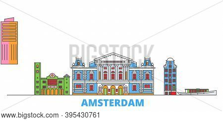 Netherlands, Amsterdam Line Cityscape, Flat Vector. Travel City Landmark, Oultine Illustration, Line