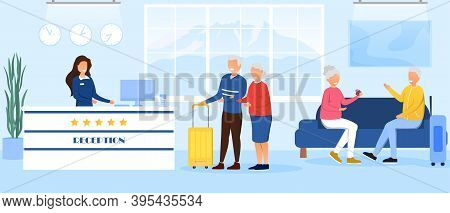 Old People Accommodation In Hotel. Hotel Booking Concept. Service On Vacation. Old People Came To Re