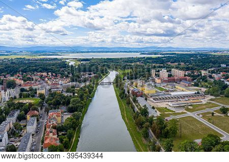 Aerial View Of The River Nysa In The City Of Nysa.