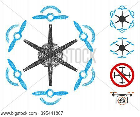 Vector Wire Frame Flying Hexacopter. Geometric Linear Frame Flat Network Made From Flying Hexacopter