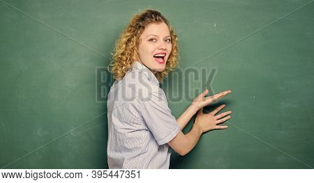 Good Teacher Master Of Simplification. Teaching Could Be More Fun. Woman Teacher In Front Of Chalkbo