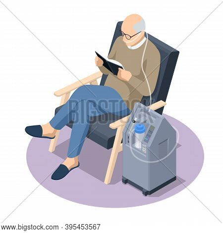 Isometric Home Medical Oxygen Concentrator. Concept Of Healthcare, Life, Pensioner. Senior Man With 