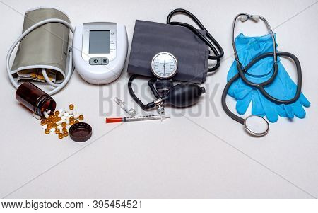 Different Medical Objects On White Background. Health Care. Top View