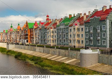 Yoshkar-ola, Mari El, Russia 30 July 2020: Arkhangelskaya Sloboda Quay Bruges Flemmish Dutch Houses 
