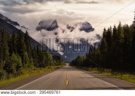 Beautiful View Of Yellowhead Highway With Mount Robson In The Background During A Cloudy Summer Morn