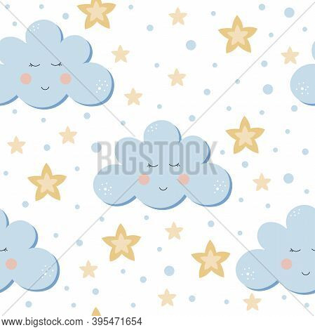 Baby Blue Sleeping Cloud Seamless Pattern. Children Vector Illustration. Digital Paper For Kids. Goo