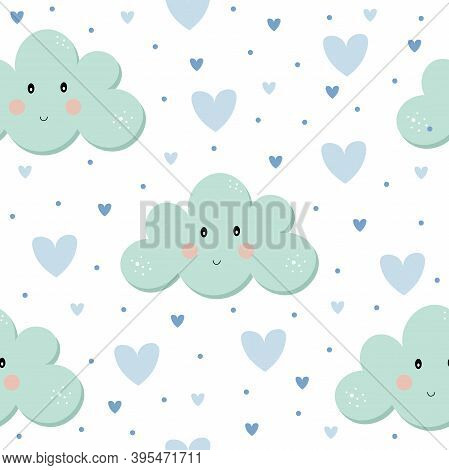 Baby Green And Blue Cloud Seamless Pattern. Children Vector Illustration. Digital Paper For Kids. He