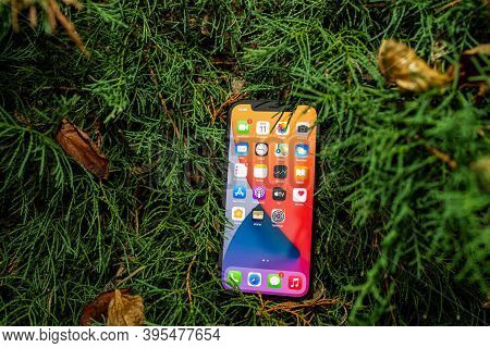 Paris, France - Nov 11, 2020: Apple Computers Background The New Iphone 12 Pro Smartphone With All A