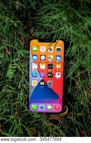 Paris, France - Nov 11, 2020: New Apple Computers Iphone 12 Pro Smartphone With All Apps On Screen W