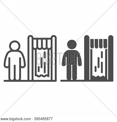 Water Park Changing Room Line And Solid Icon, Aquapark Concept, Person At Changing Cabin Sign On Whi