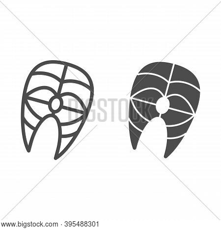 Slice Of Fish Line And Solid Icon, Fish Market Concept, Salmon, Tuna, Pangasius Steak Sign On White 