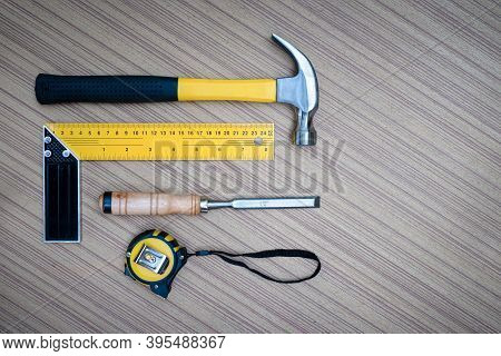 Set Of Hand Tools For The Toolset With The Do It Yourself (diy)on Wooden Board