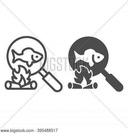 Cooking Fish On Bonfire Line And Solid Icon, Picnic Concept, Fried Fish Sign On White Background, Fi
