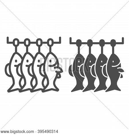Dried Fish Line And Solid Icon, Fish Market Concept, Sea Roach Sign On White Background, Four Dried 