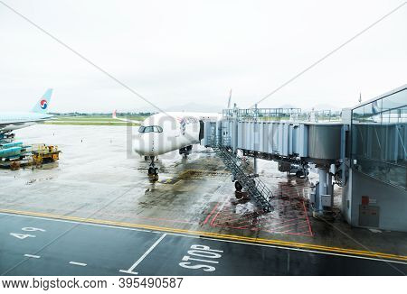 Hanoi,vietnam 24 Oct 2019- View Of An Airplane From Latam Airlines In A Rainy Day At The Hanoi Inter