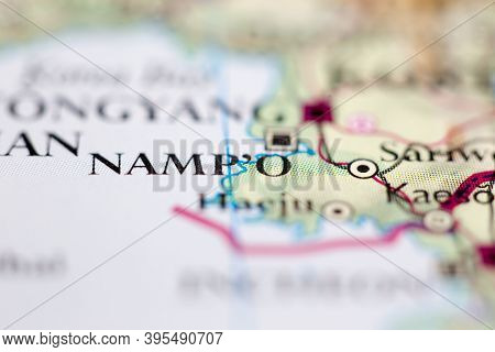 Shallow Depth Of Field Focus On Geographical Map Location Of Nampo North Korea Asia Continent On Atl