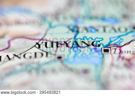 Shallow Depth Of Field Focus On Geographical Map Location Of Yueyang City China Asia Continent On At
