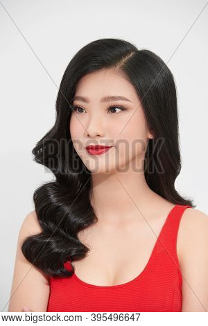 Illimitable Pleased Girl With Eye Catching White Smile On Her Face, Long Shining Hair And Eyes Full 
