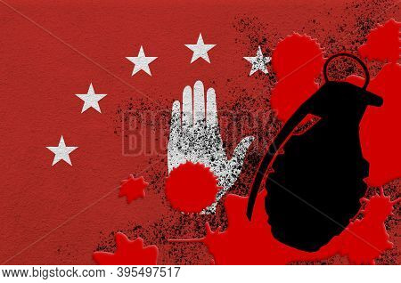 Abkhazia Flag And Mk2 Frag Grenade In Red Blood. Concept For Terror Attack Or Military Operations Wi