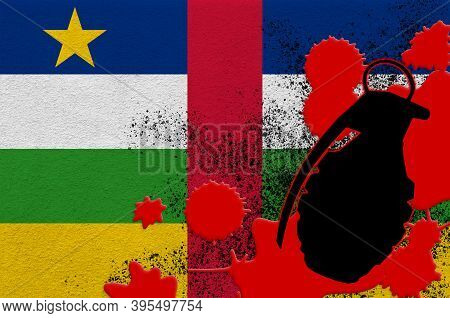 Central African Republic Flag And Mk2 Frag Grenade In Red Blood. Concept For Terror Attack Or Milita