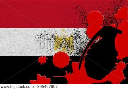 Egypt Flag And Mk2 Frag Grenade In Red Blood. Concept For Terror Attack Or Military Operations With 