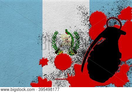 Guatemala Flag And Mk2 Frag Grenade In Red Blood. Concept For Terror Attack Or Military Operations W