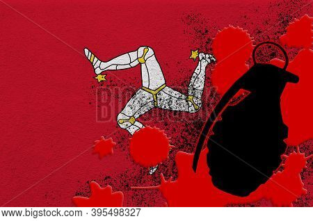 Isle Of Man Flag And Mk2 Frag Grenade In Red Blood. Concept For Terror Attack Or Military Operations
